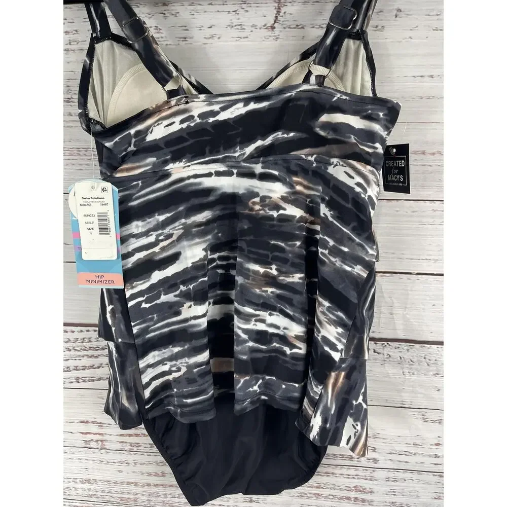 Swim Solutions 8 Triple Tier Coastal Plates Black Tiered Tummy Control One-Piece - Picture 5 of 10